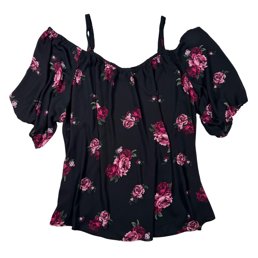Torrid Floral Cold Shoulder Blouse Womens 4 Black Pink Excellent Chiffon‎ Top